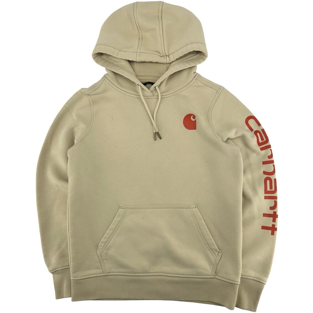 Womens White Truffle Cream Carharttt Clarksburg Logo Sleeve Hoodie Sweatshirt XS